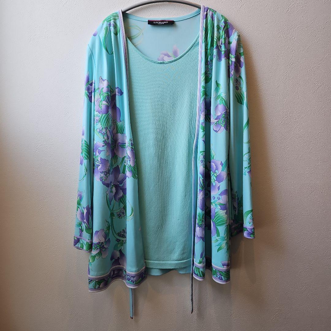 LEONARD 花柄ミントグリーンアンサンブル風長袖チュニック