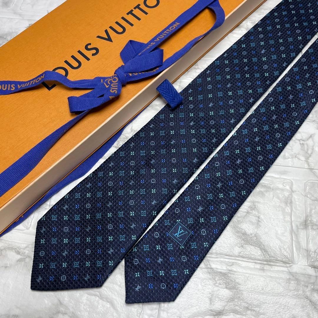 ルイヴィトン　LOUIS VUITTON ネクタイ　モノグラム　ブルー　刺繍