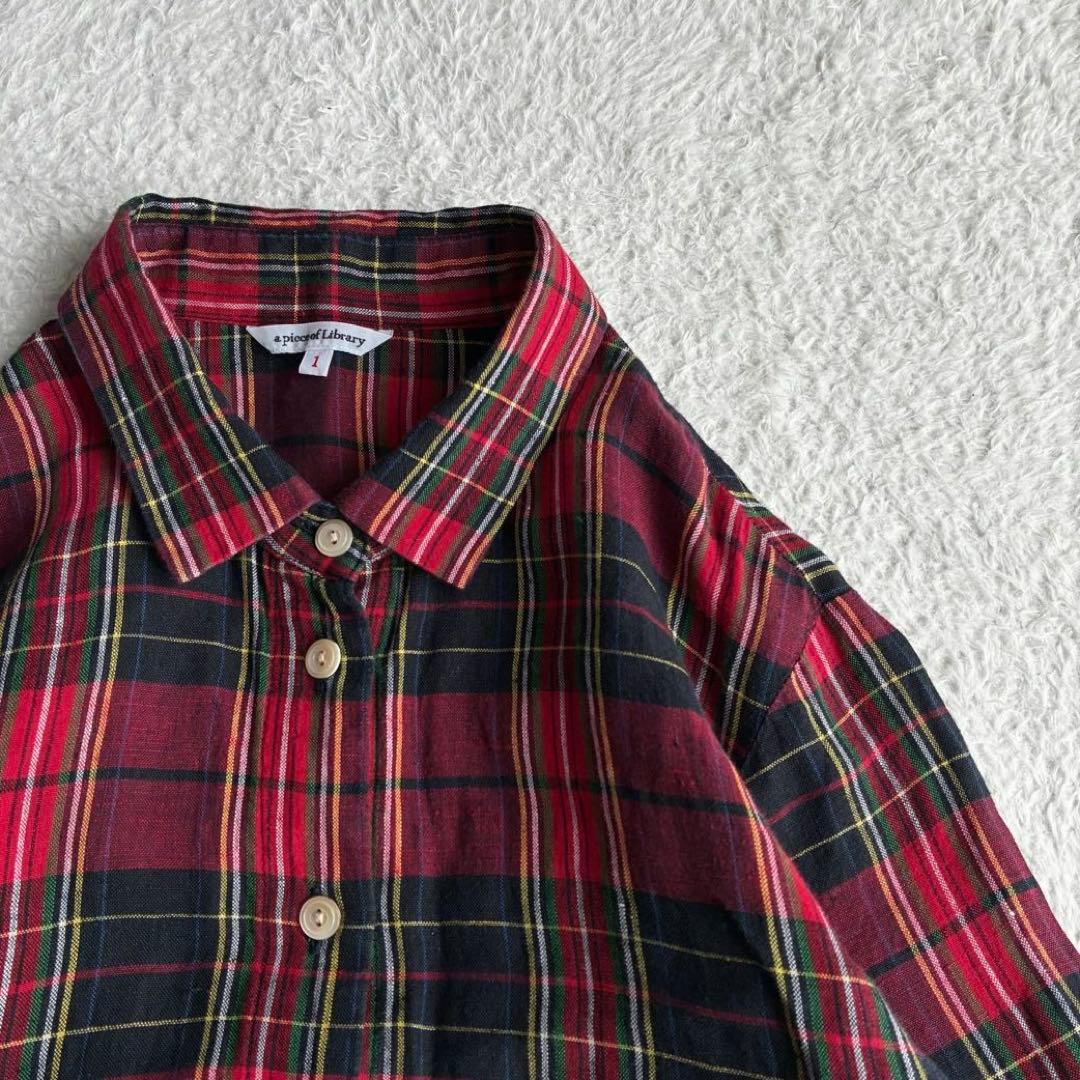美品 アピースオブライブラリー リネン100 タータンチェック柄シャツワンピース
