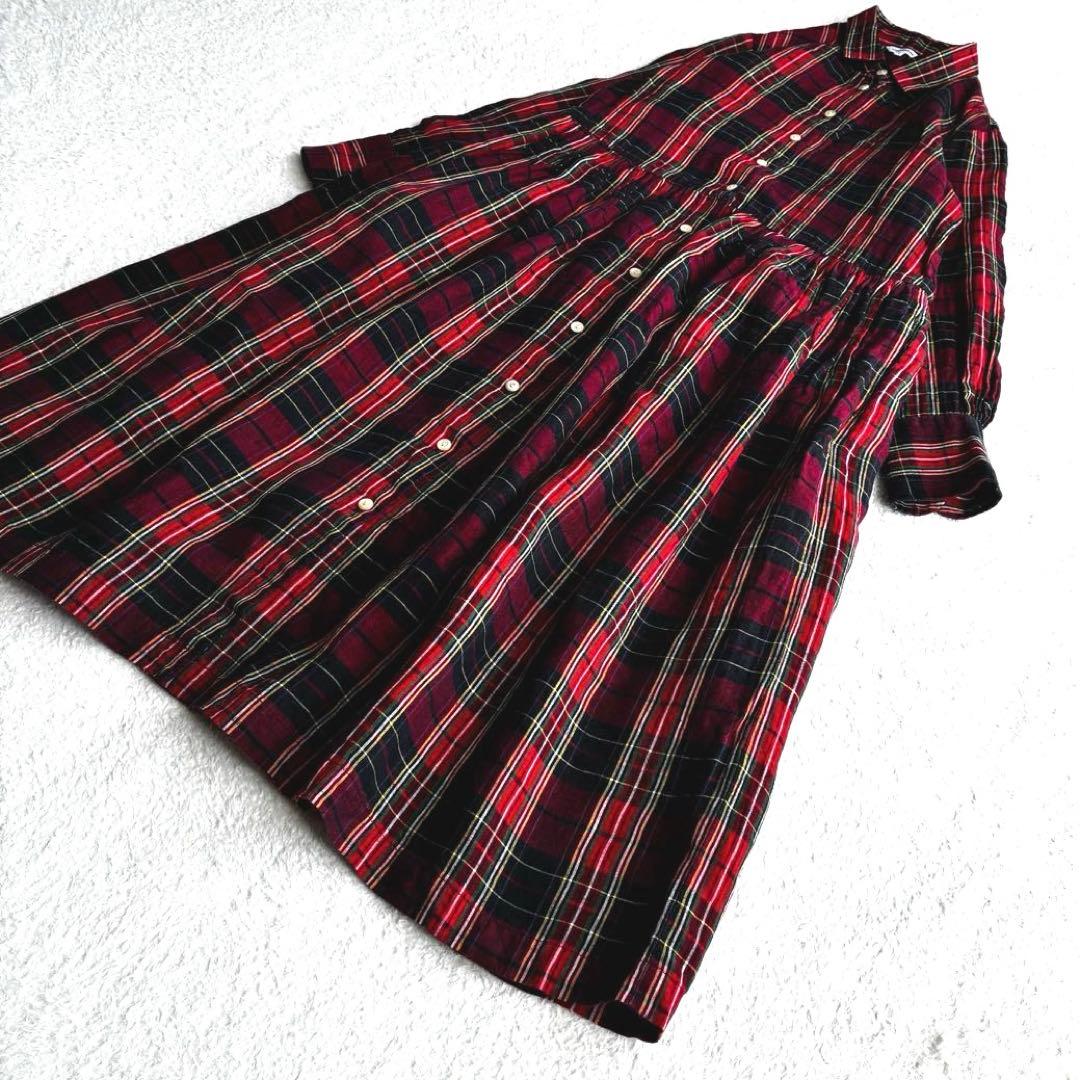 美品 アピースオブライブラリー リネン100 タータンチェック柄シャツワンピース
