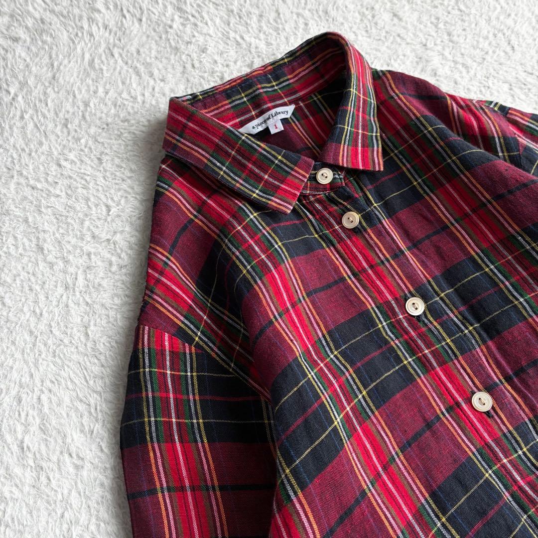 美品 アピースオブライブラリー リネン100 タータンチェック柄シャツワンピース