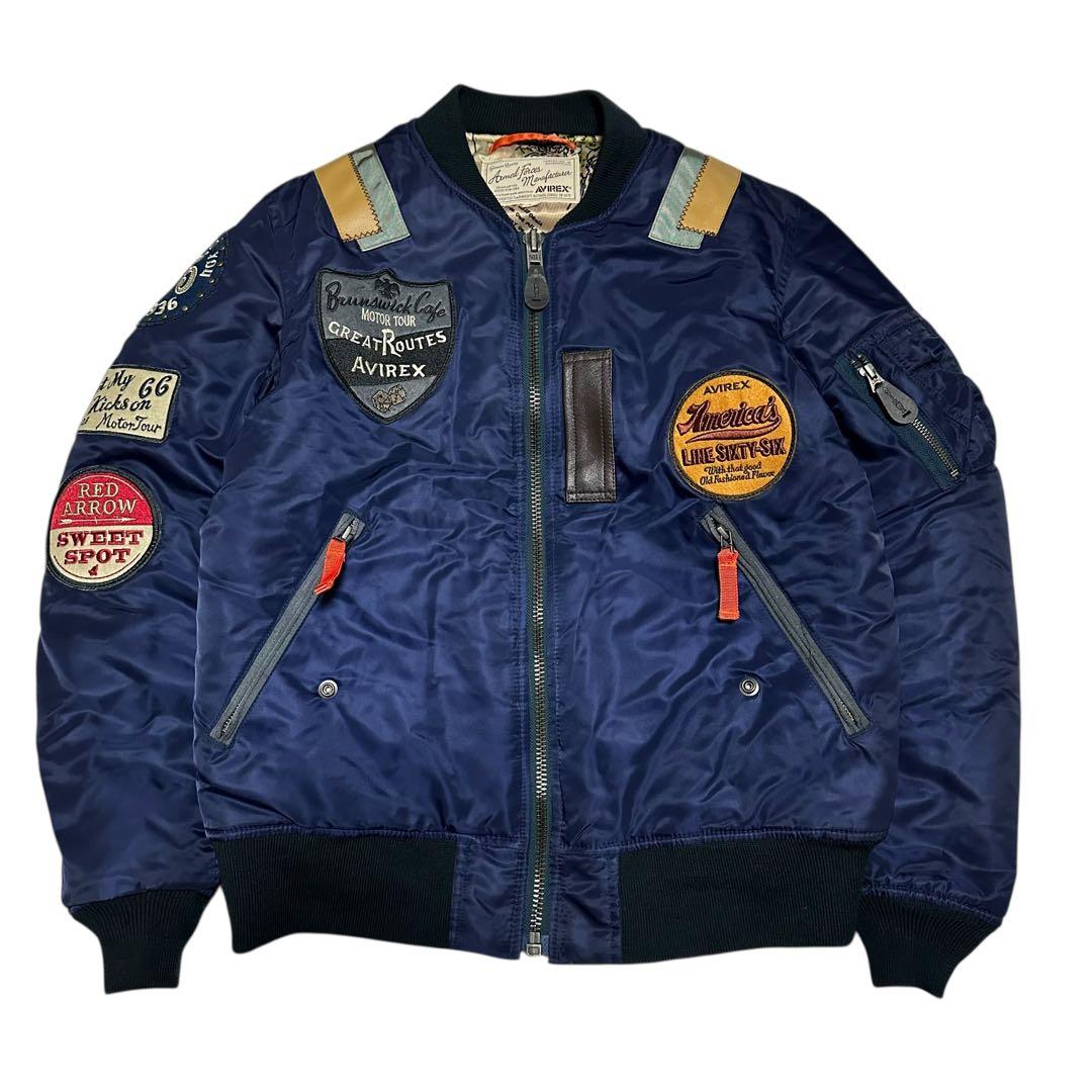 アヴィレックス　MA-1 ワッペン　裏地総柄　フライトジャケット　ネイビー　L