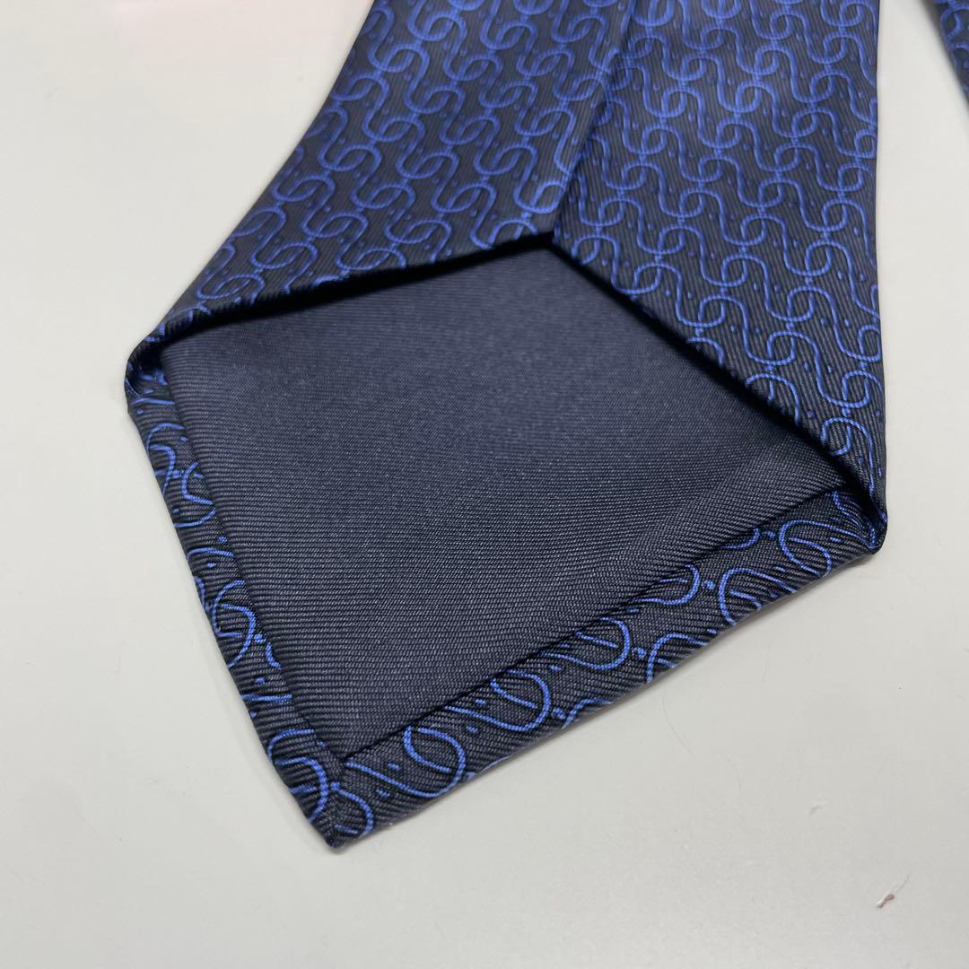 か*や様 美品　HERMES ネイビー 波縫い模様 シルクネクタイ
