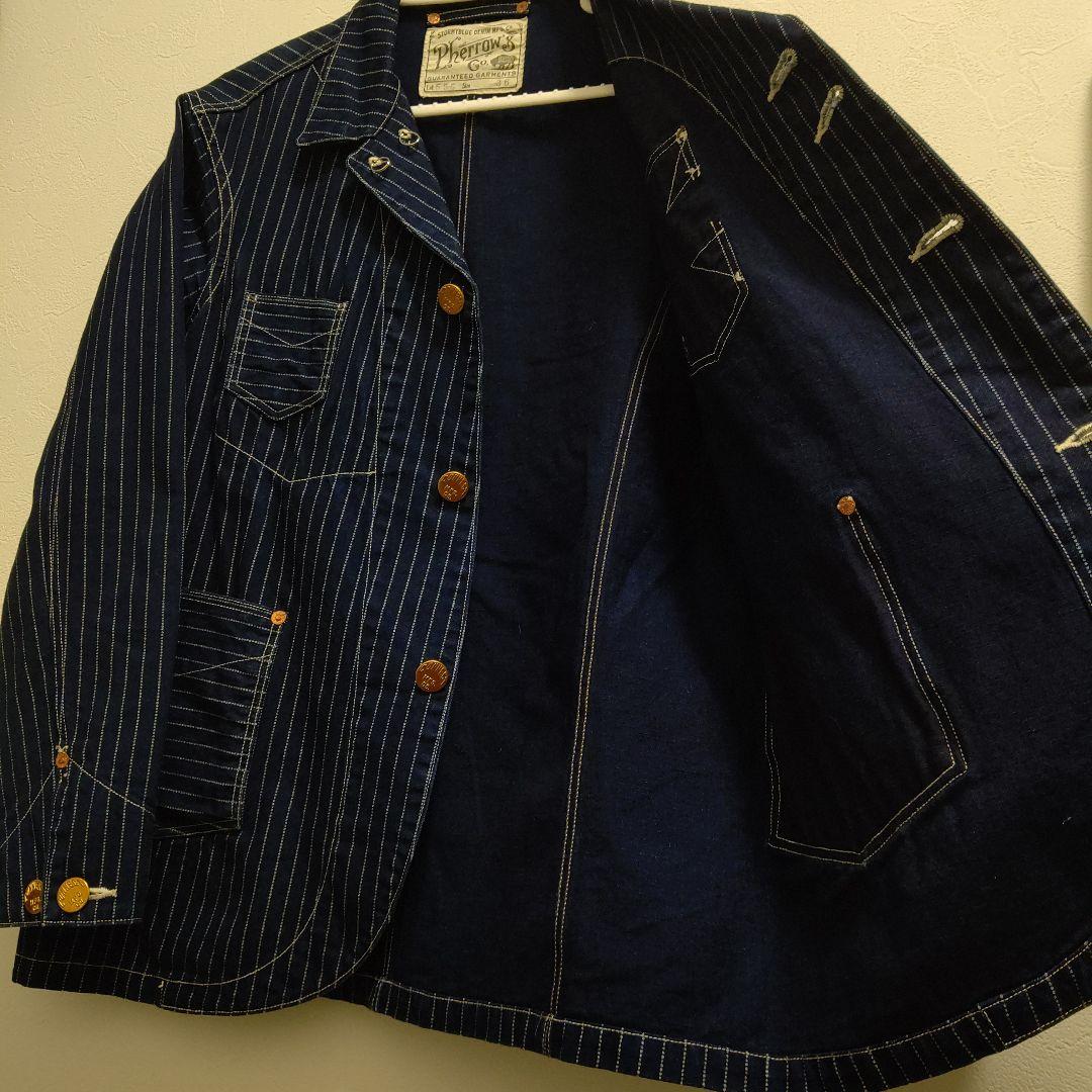 Pherrow's ネイビー ストライプ デニム カバーオール