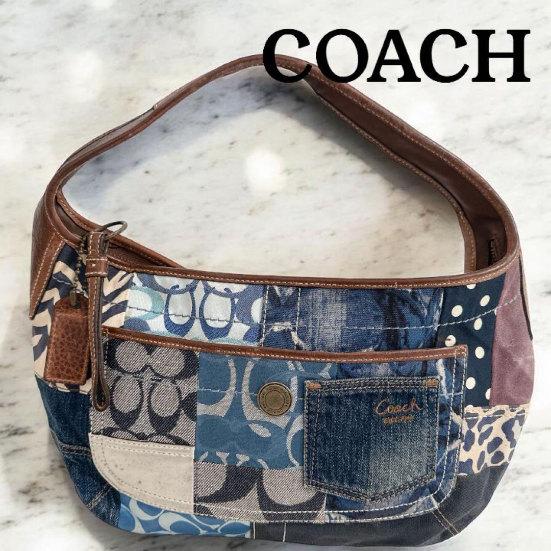 COACH コーチ パッチワーク デニム ワンショルダーバッグ シグネチャー 大