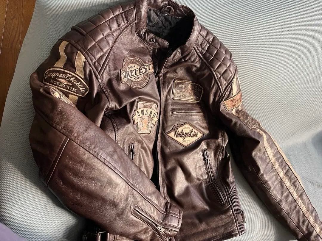 値下げバイクウェア　ダークブラウン レザージャケット パッチ付き