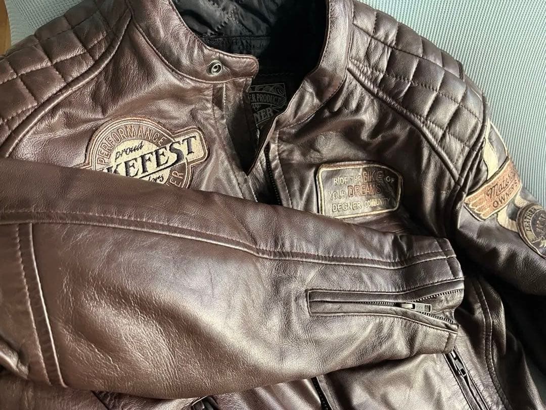 値下げバイクウェア　ダークブラウン レザージャケット パッチ付き