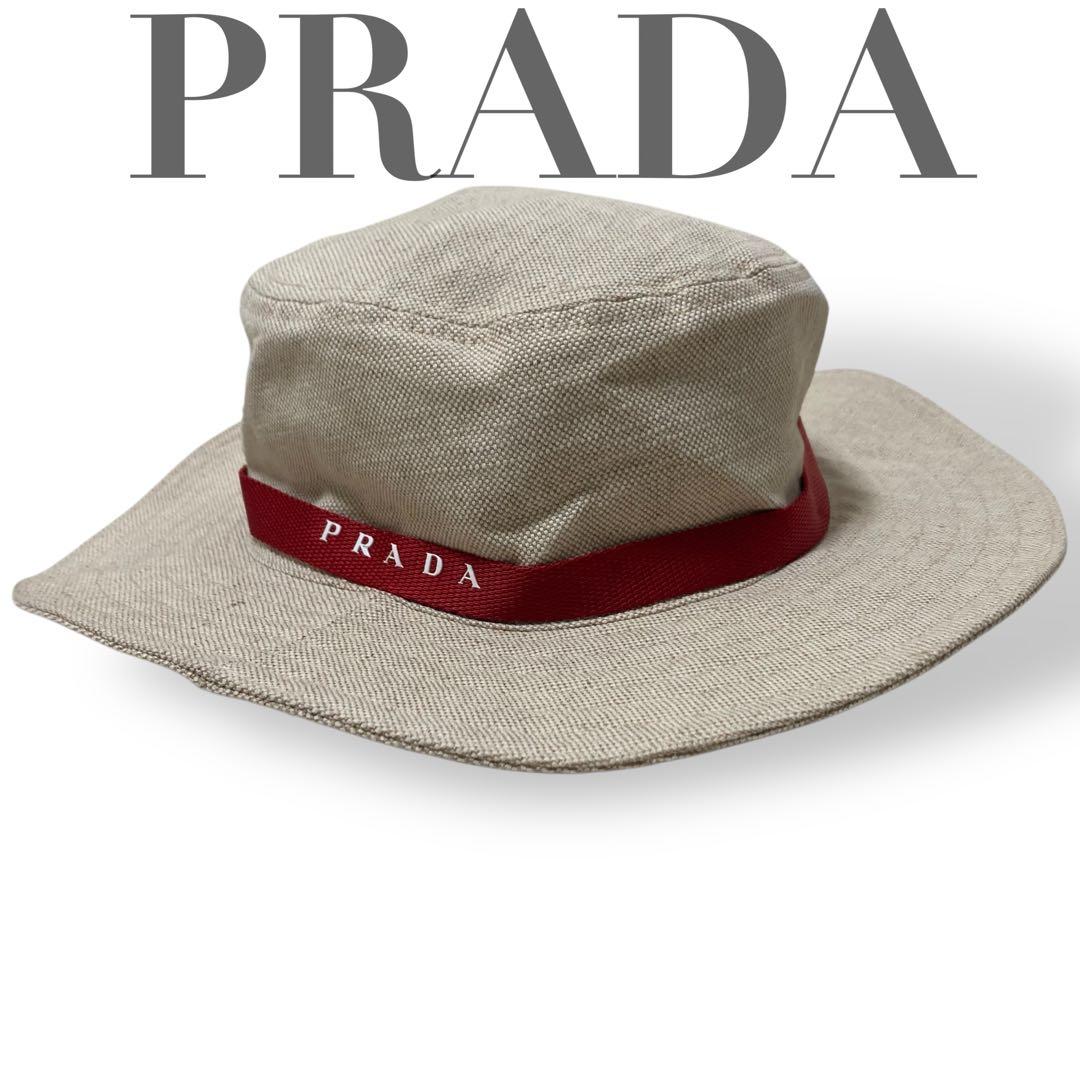 【美品】プラダ　サファリハット　バケット　帽子　リネン　コットン　リボン　高級