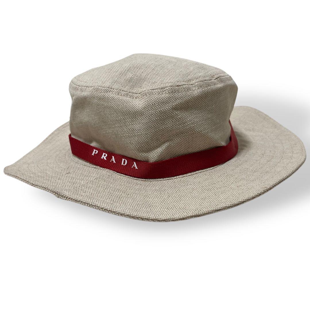 【美品】プラダ　サファリハット　バケット　帽子　リネン　コットン　リボン　高級
