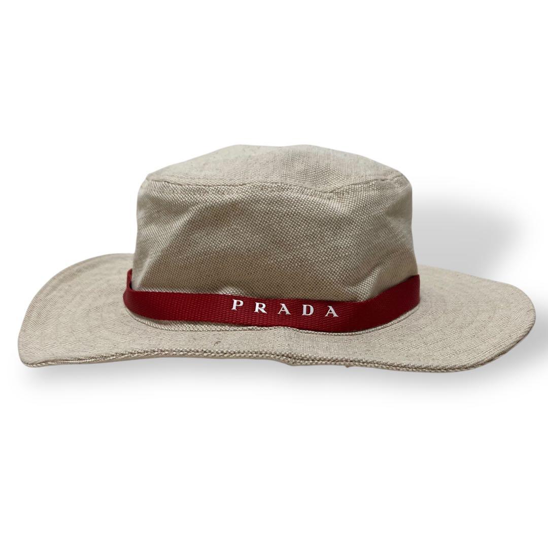 【美品】プラダ　サファリハット　バケット　帽子　リネン　コットン　リボン　高級