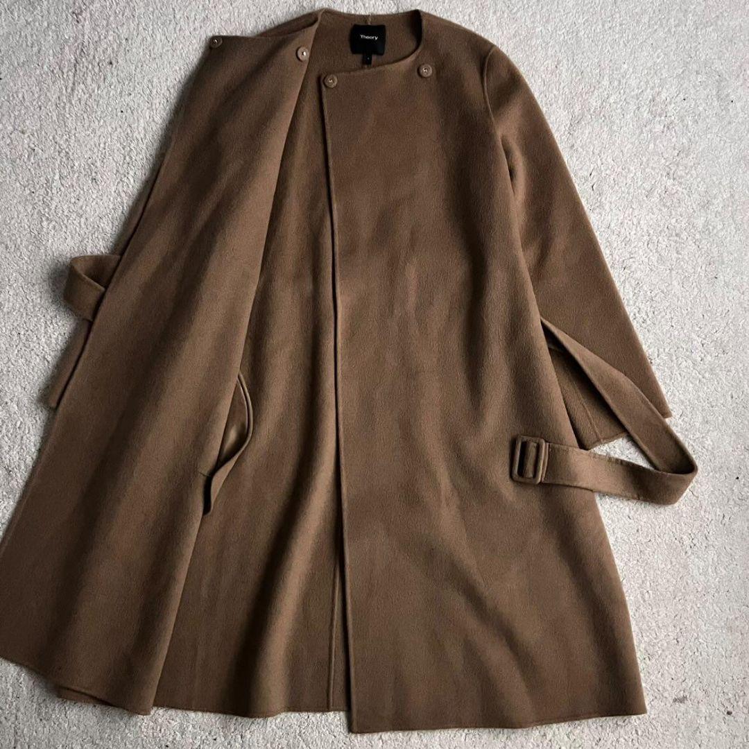 ✨極美品✨セオリー ノーカラー ダブルフェイス ロングコート カシミヤ ベルト