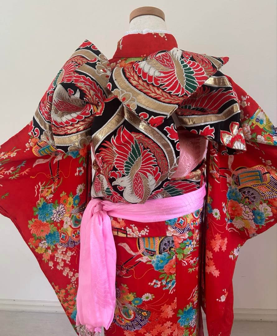 7歳　七五三　ハーフ成人式　アンティーク正絹着物、帯、帯揚げ、帯締め　しごき