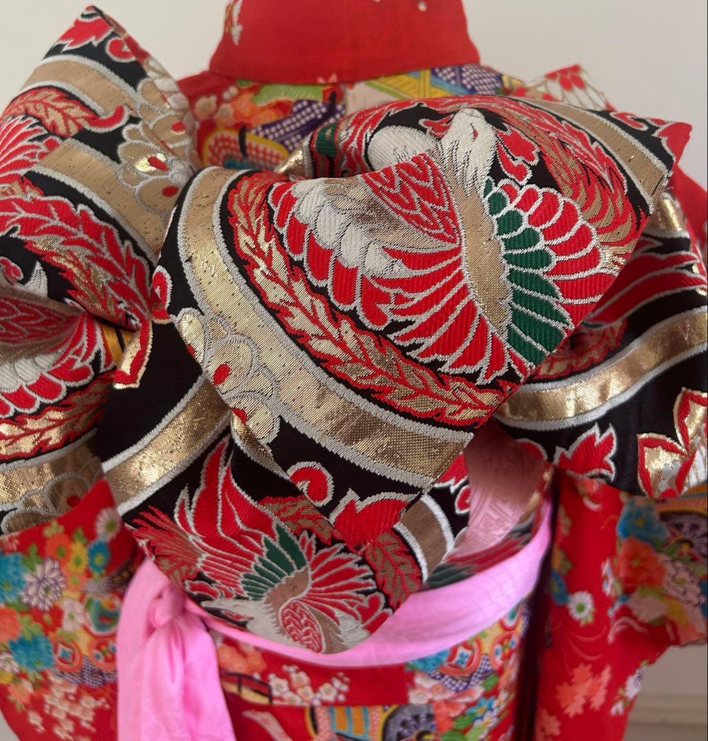 7歳　七五三　ハーフ成人式　アンティーク正絹着物、帯、帯揚げ、帯締め　しごき