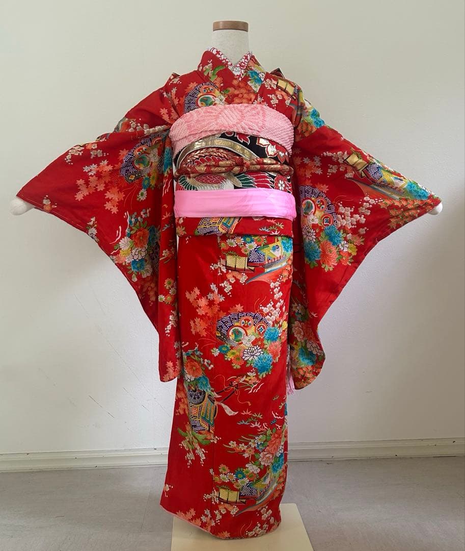 7歳　七五三　ハーフ成人式　アンティーク正絹着物、帯、帯揚げ、帯締め　しごき