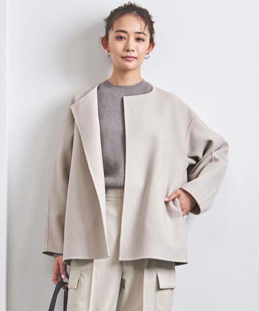 ユナイテッドアローズ／春先に♪ウールリバーノーカラー ショートコート グレージュ