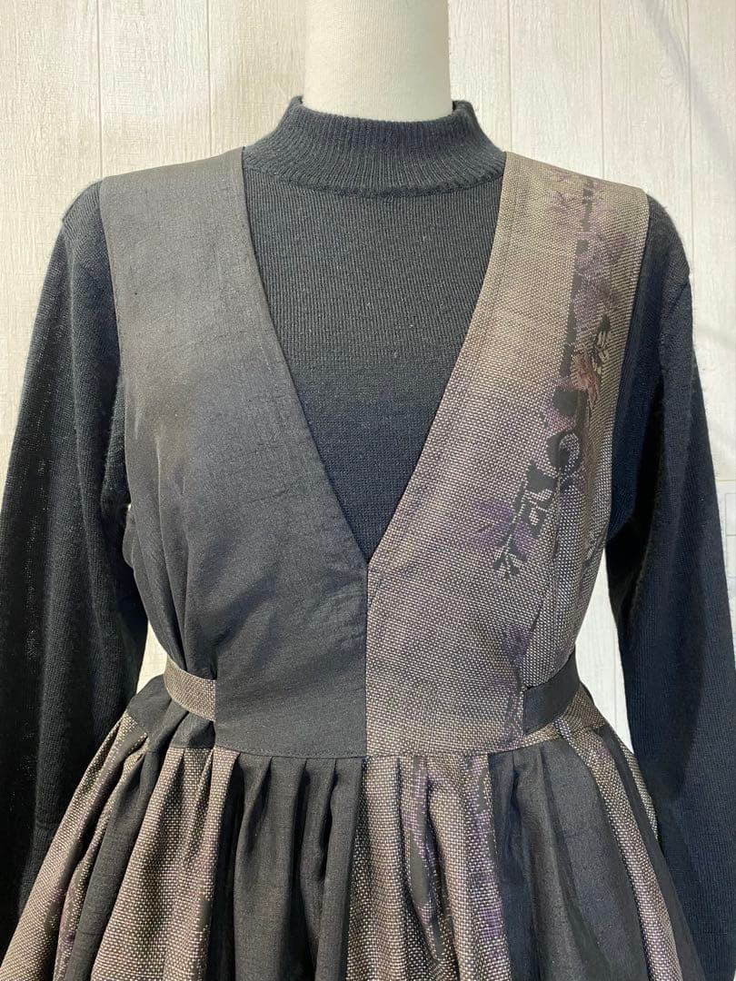 大島紬 正絹紬 2種使い タックたっぷりワンピース