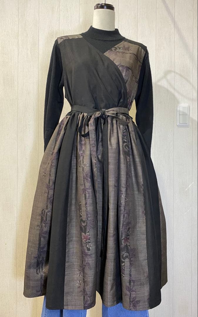 大島紬 正絹紬 2種使い タックたっぷりワンピース