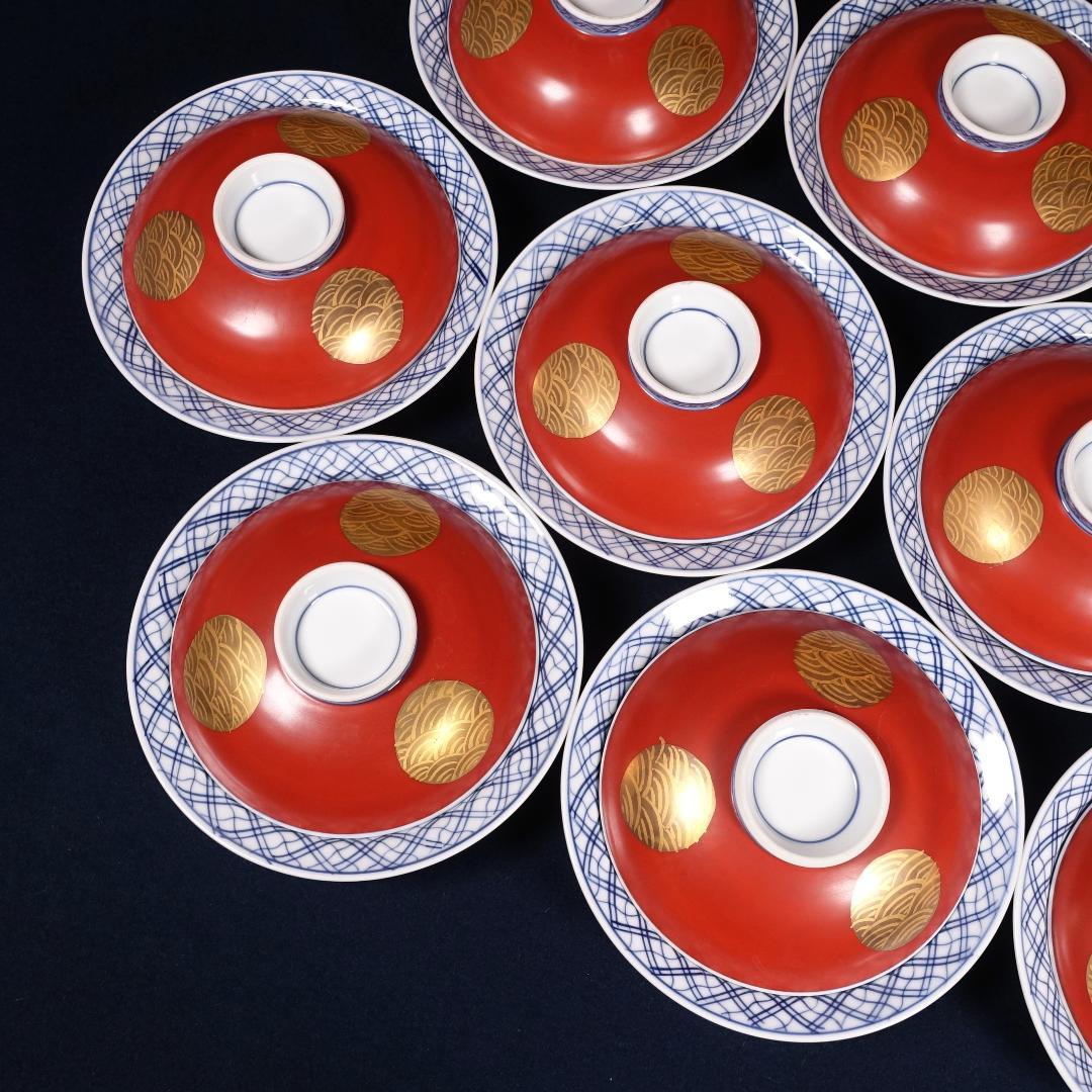 豪華絢爛 宝泉作 金襴手 青海波丸紋 平蓋碗 10客 有田焼