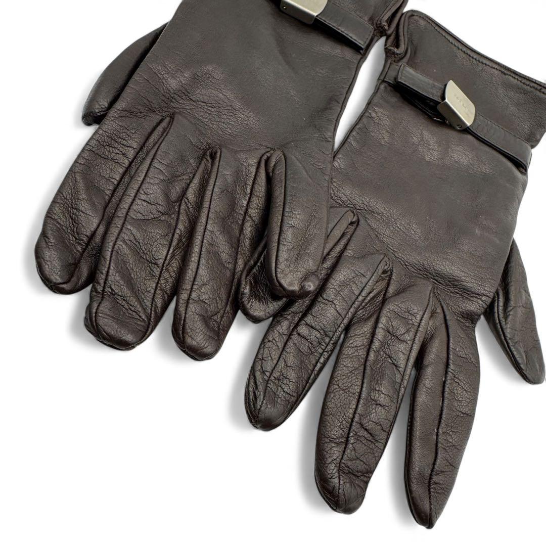 美品　プラダ　手袋　レザー　ベルト付き　裏地シルク　プラダ　ダークブラウン