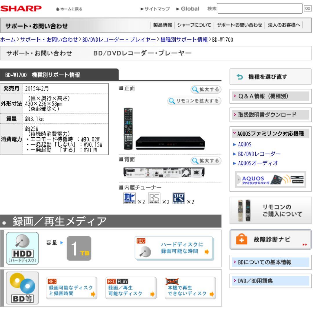 最終価格/1TB/シャープ/BD-W1700/外付HDD対応/Wifi/ドラ丸