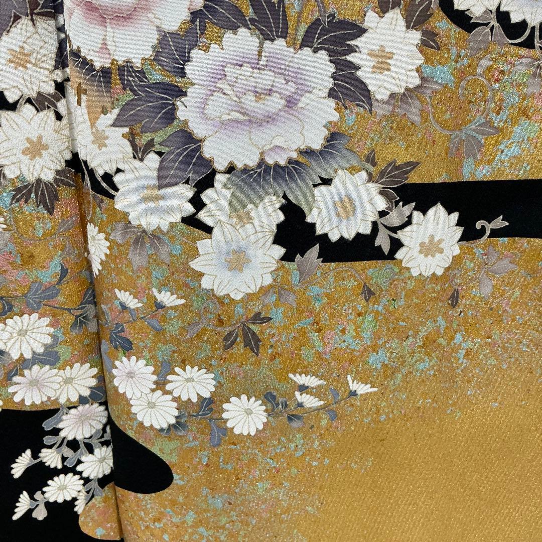 b195 正絹　黒留袖　比翼付　五つ紋　作家物落款　金銀箔　刺繍　着物