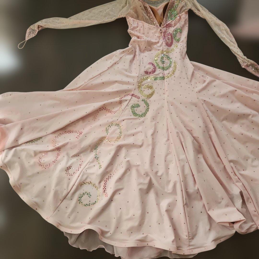 ラインストーン　チョーカー、イアリング付き　社交ダンス　シフォンドレス　ピンク
