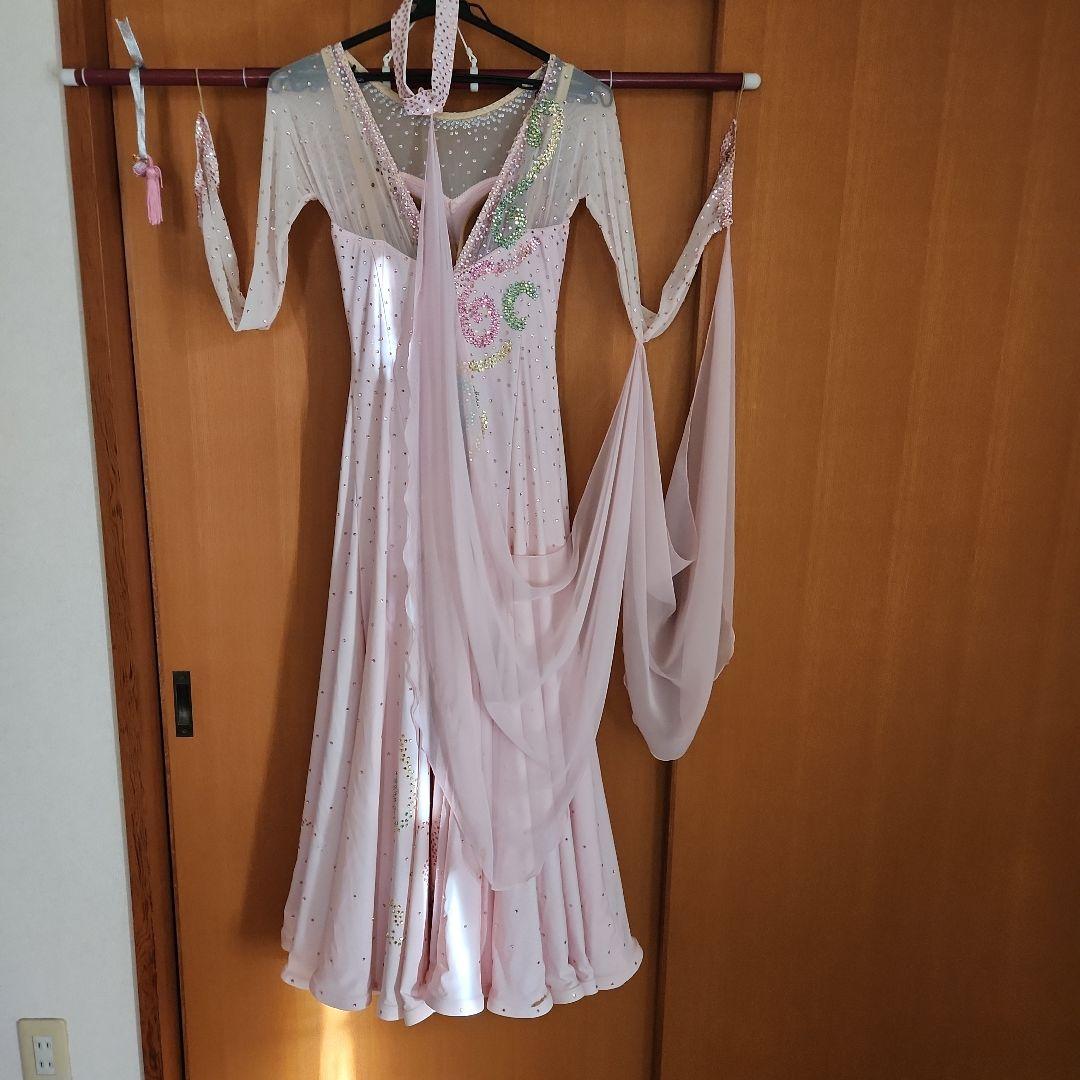 ラインストーン　チョーカー、イアリング付き　社交ダンス　シフォンドレス　ピンク