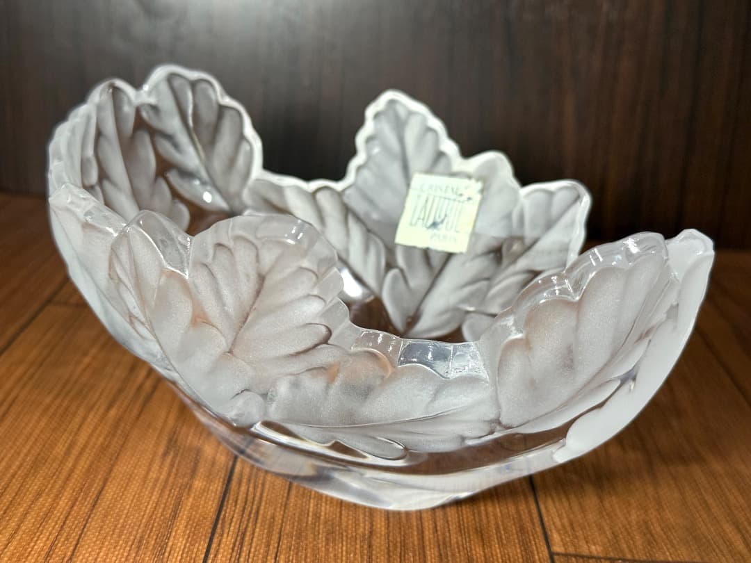 【美品】Lalique ラリック クリスタル ボウル リーフ 彫刻 シール付