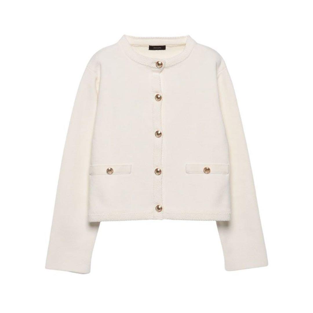 anuans オリジナルボタンノーカラーニットジャケット　アイボリー