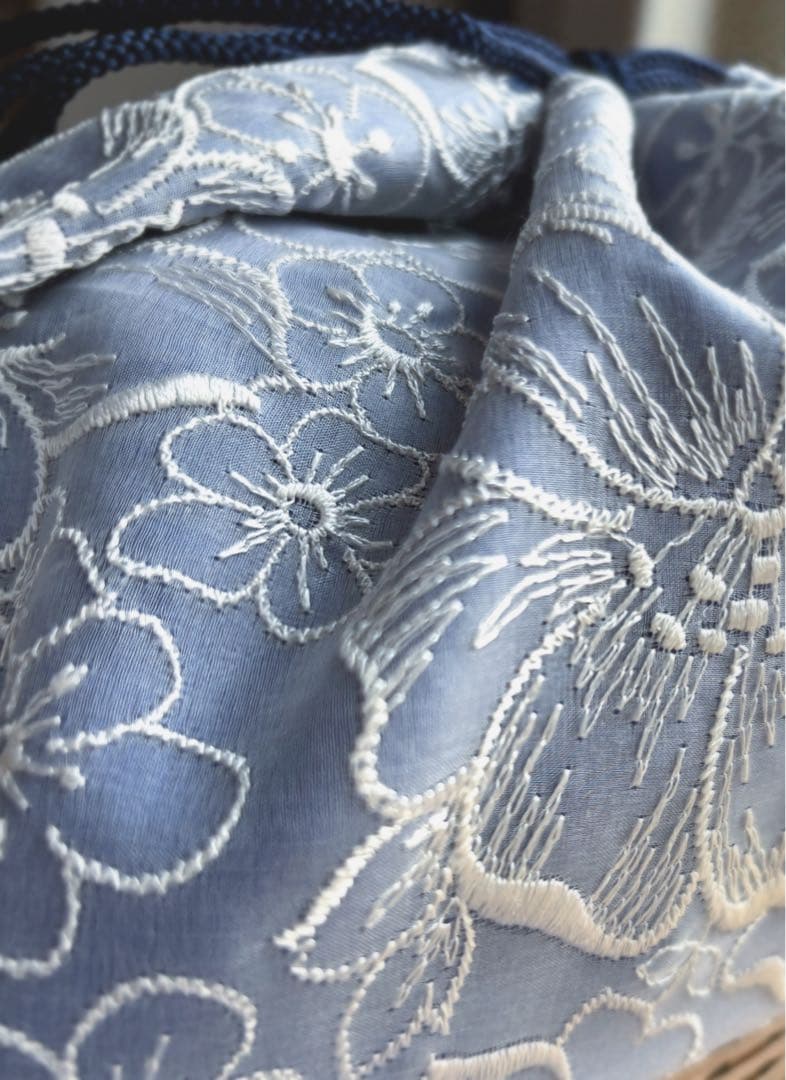 尺籠尺カゴ扇子籠　お座敷籠　巾着　着物生地　オーガンジー　カゴ巾着　浴衣　水色