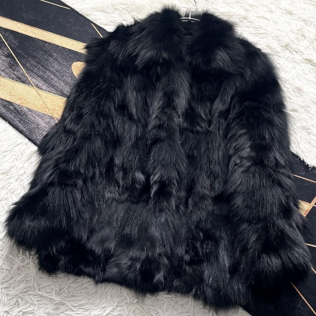 ボリューム◎/総丈81 黒 フォックス ファーコート 毛皮 L さらさら柔らか