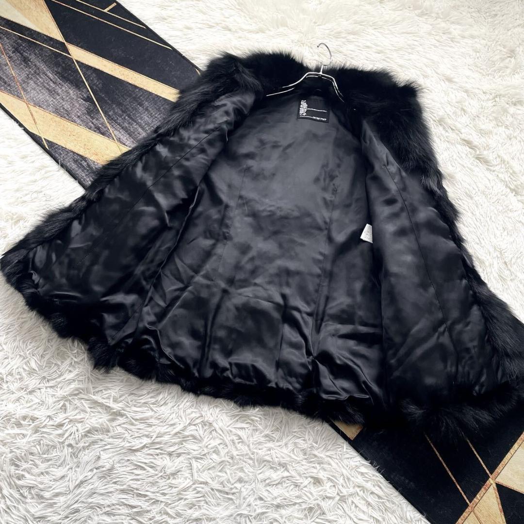 ボリューム◎/総丈81 黒 フォックス ファーコート 毛皮 L さらさら柔らか