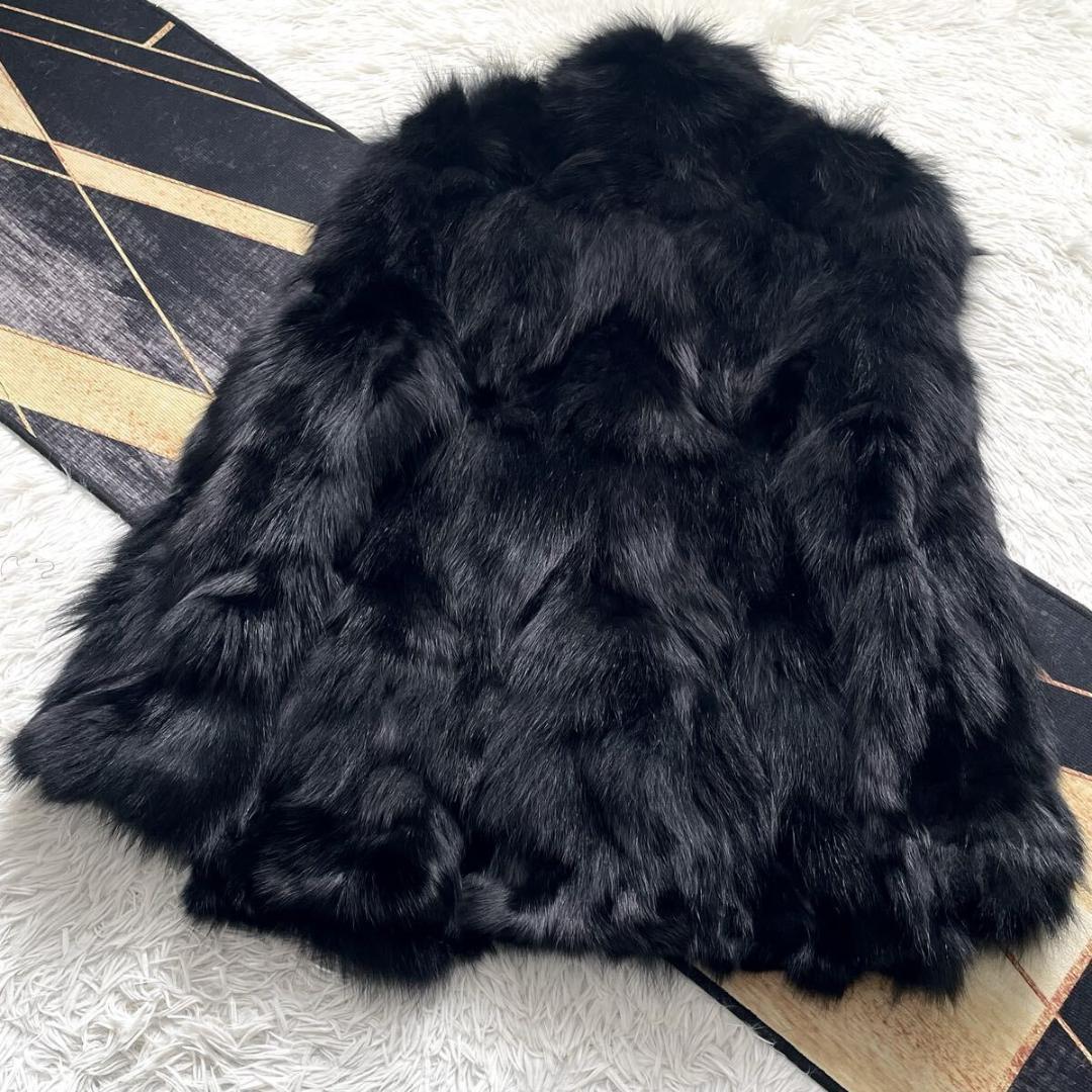 ボリューム◎/総丈81 黒 フォックス ファーコート 毛皮 L さらさら柔らか