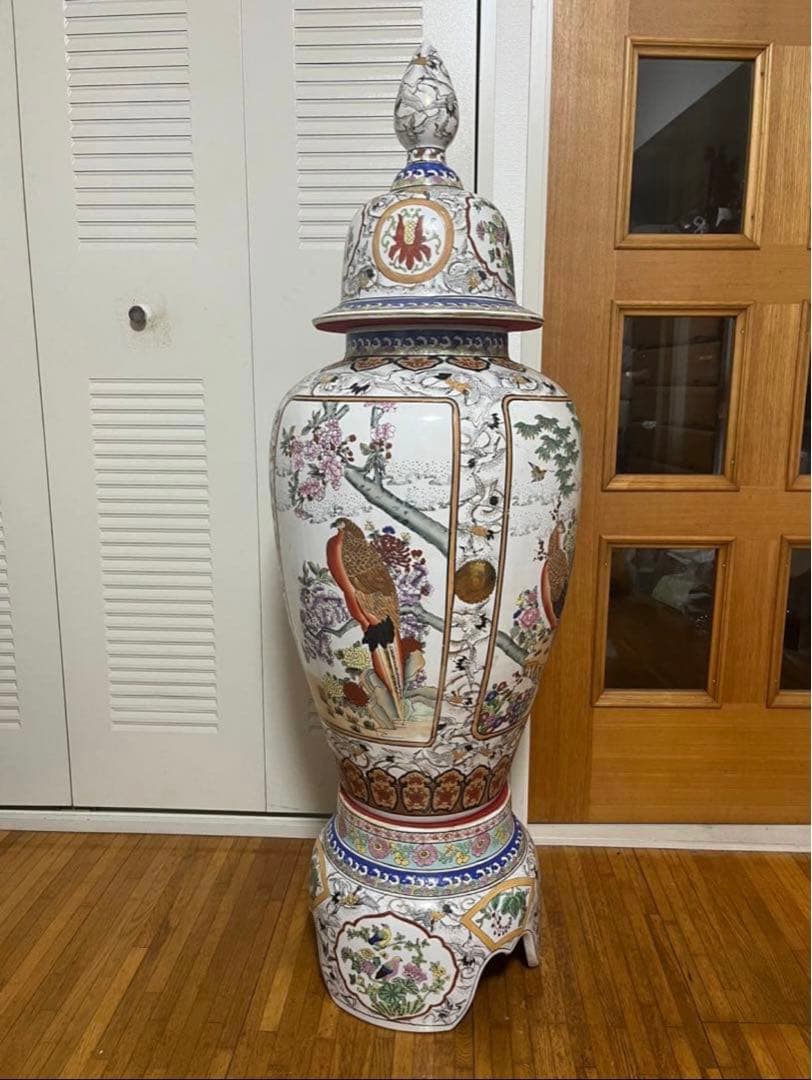 【セール】極上品　希少★飾壺 蓋付き壺 沈香壺 金襴極彩色 花鳥高さ約130cm