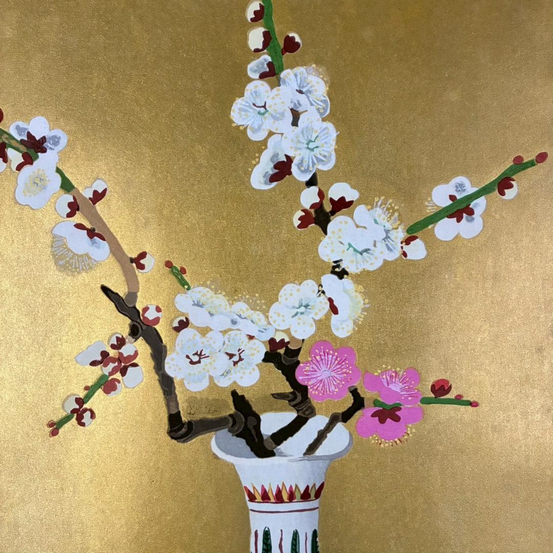 小倉遊亀「梅」木版画 金地 額縁入り 日本美術院 日本女性画家 お正月 梅花