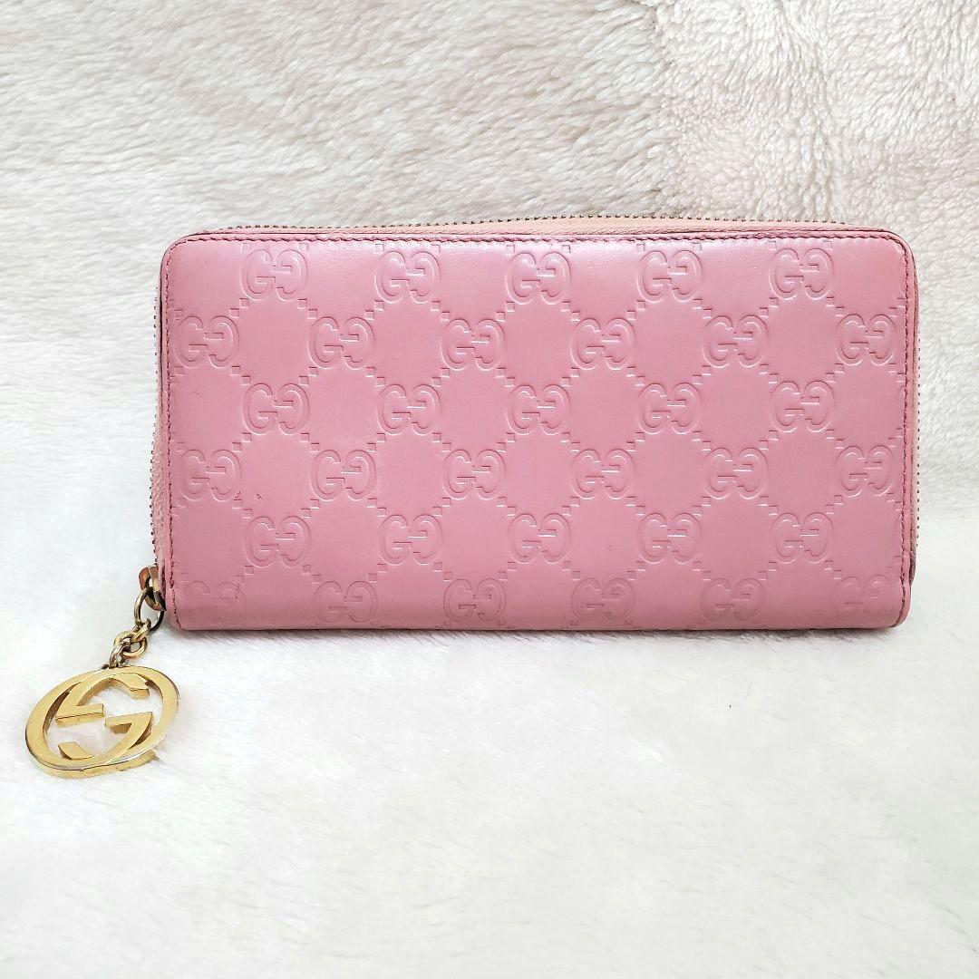 美品 GUCCI シマ ラウンドファスナー インターロッキング 長財布 ピンク