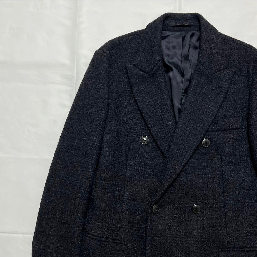 極美品✨EDIFICE ダブル チェスターコート カシミヤ混 ネイビー チェック