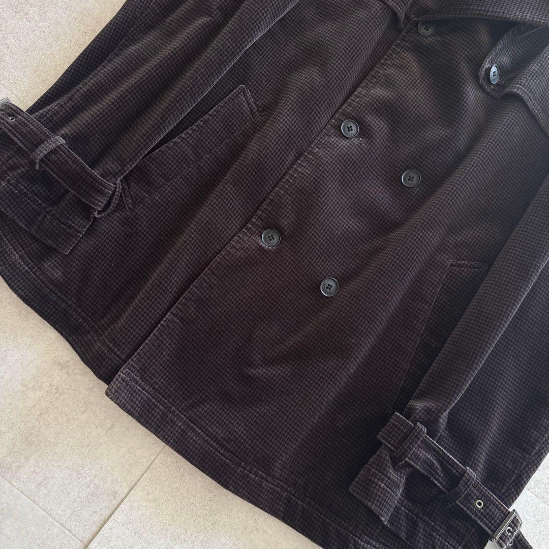 バーバリーブラックレーベル　ピーコート　千鳥格子　濃茶　ダブル　L　ベロア