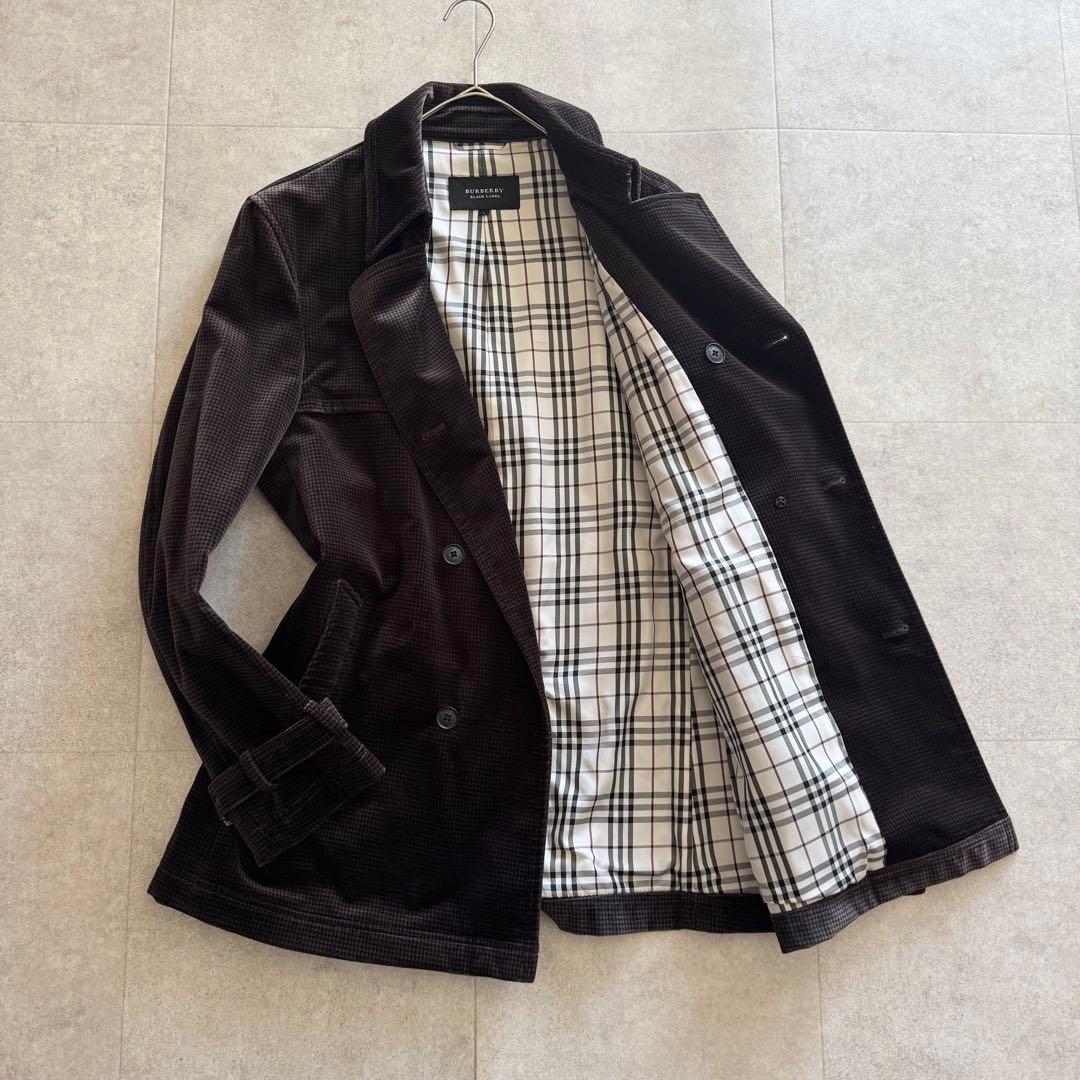 バーバリーブラックレーベル　ピーコート　千鳥格子　濃茶　ダブル　L　ベロア