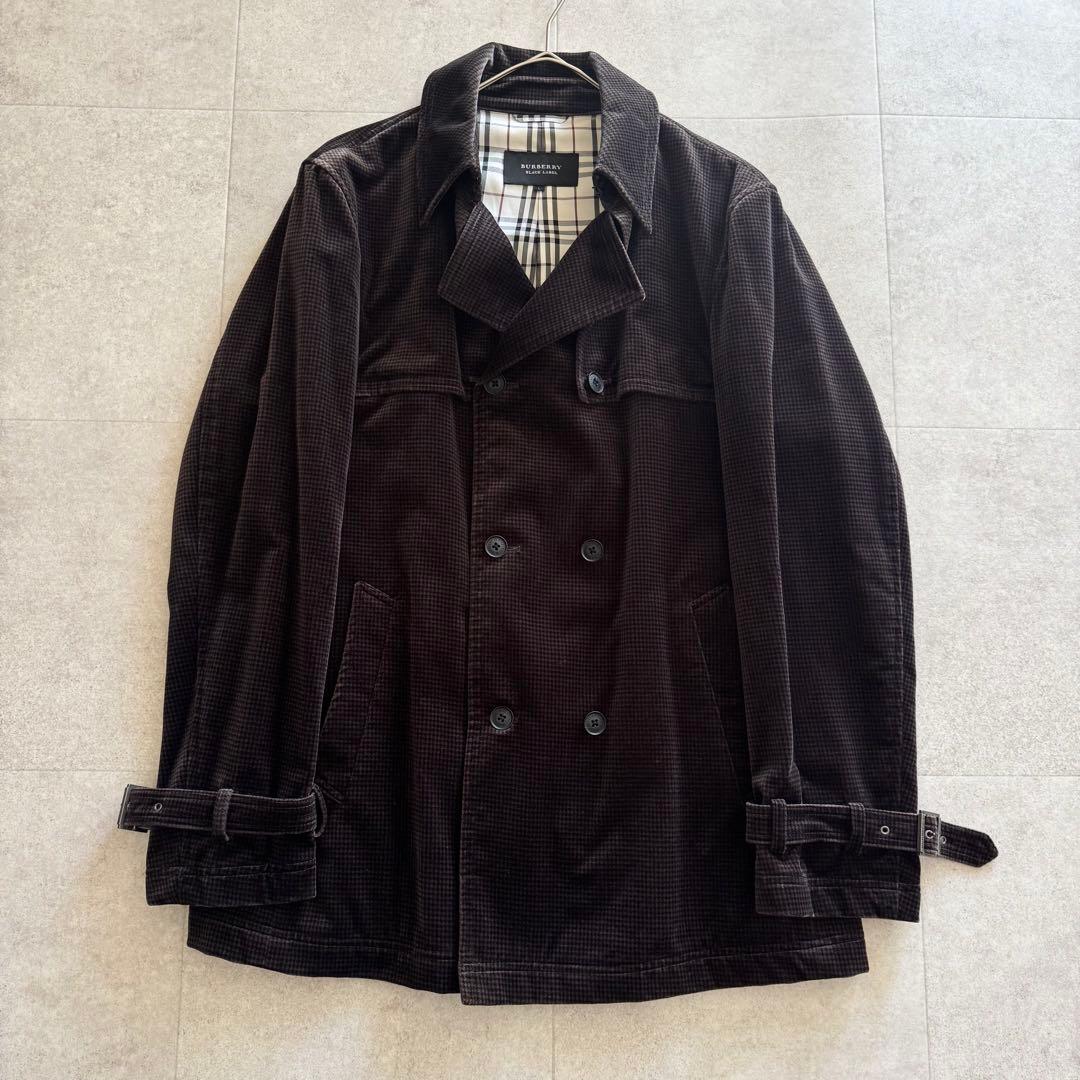 バーバリーブラックレーベル　ピーコート　千鳥格子　濃茶　ダブル　L　ベロア