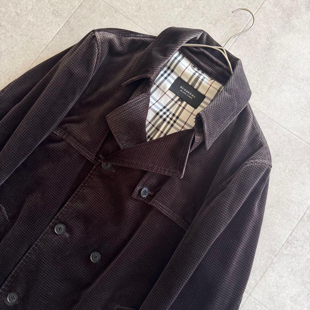 バーバリーブラックレーベル　ピーコート　千鳥格子　濃茶　ダブル　L　ベロア