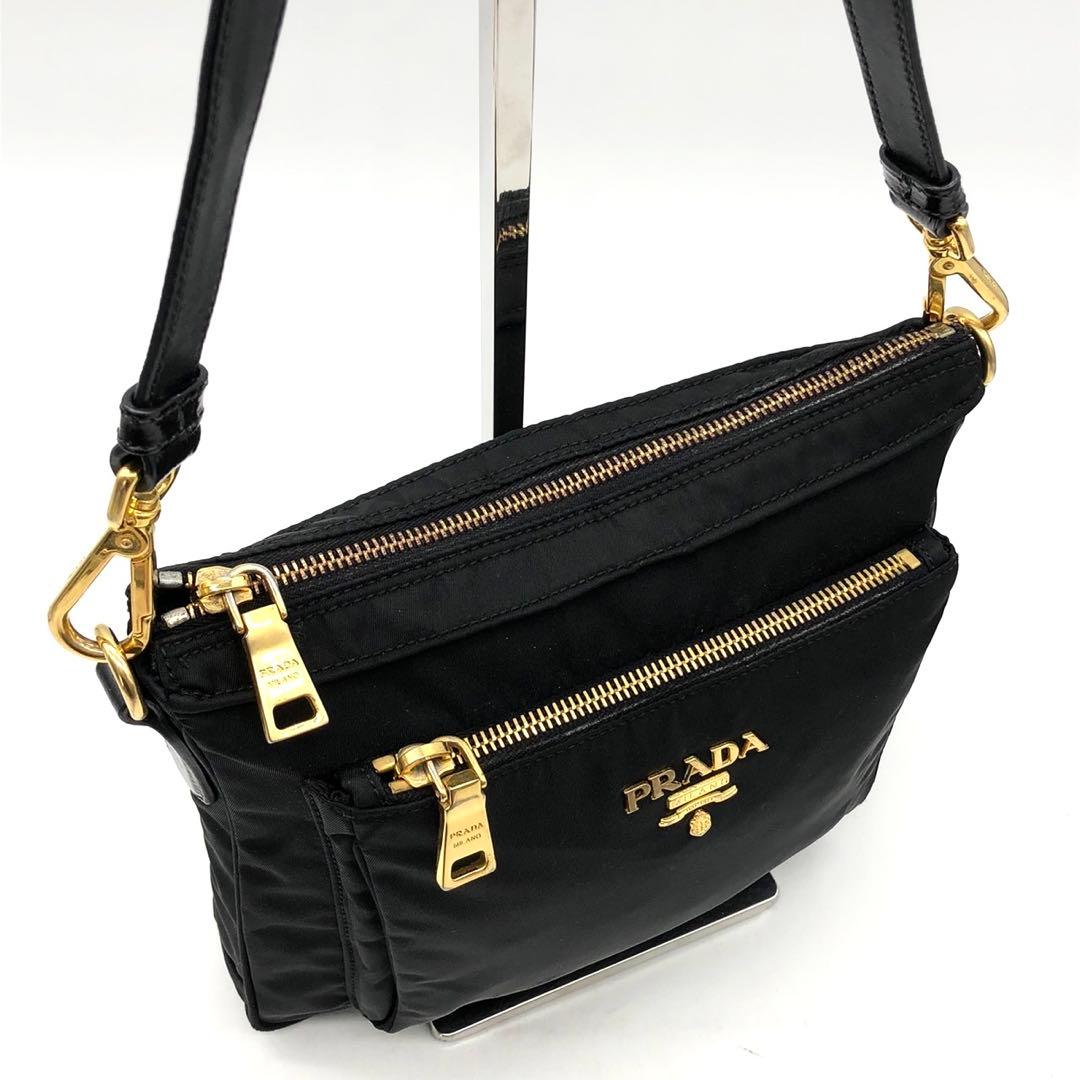 ✨美品✨プラダ ショルダーバッグ メタルロゴ ゴールド金具 ナイロン レザー 黒