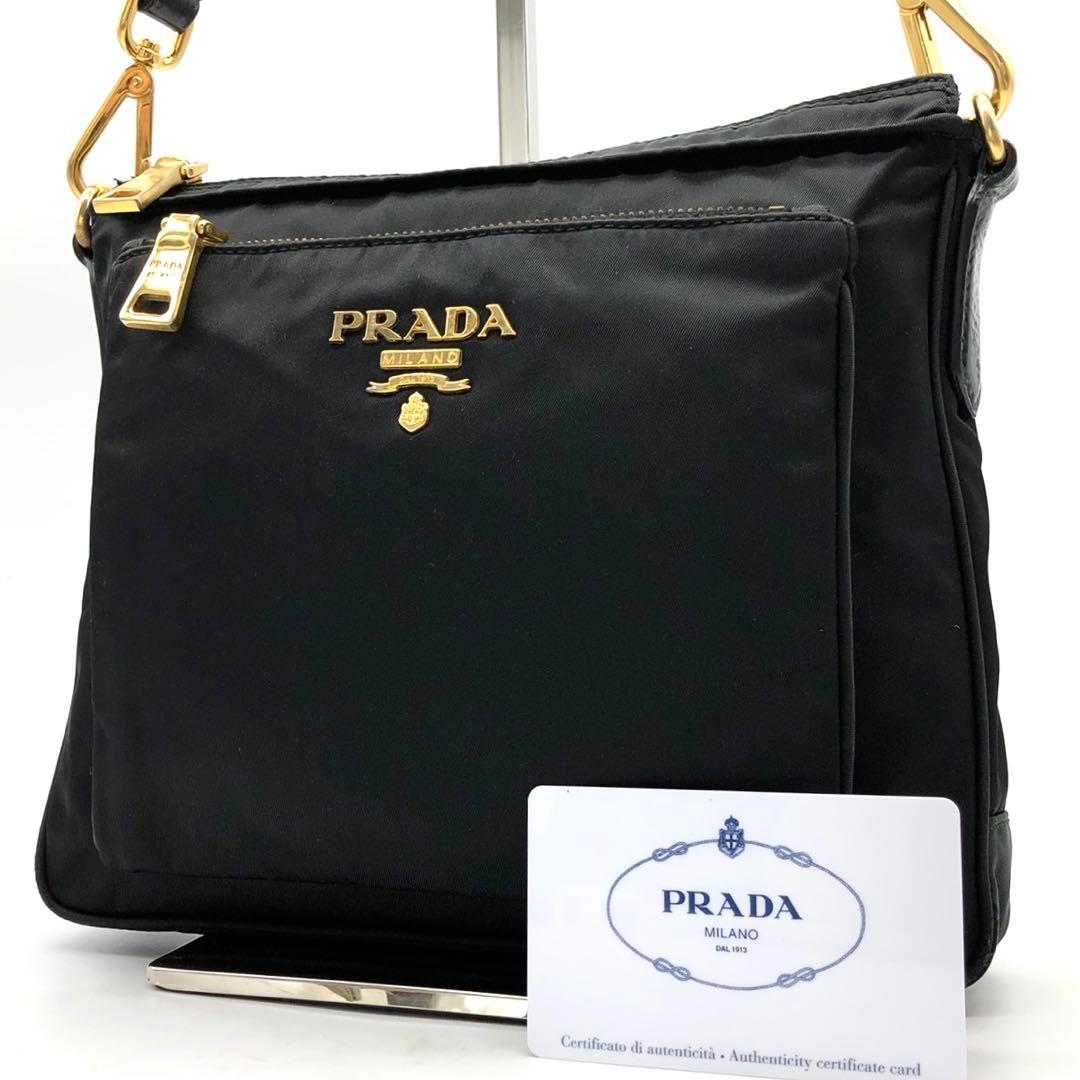 ✨美品✨プラダ ショルダーバッグ メタルロゴ ゴールド金具 ナイロン レザー 黒