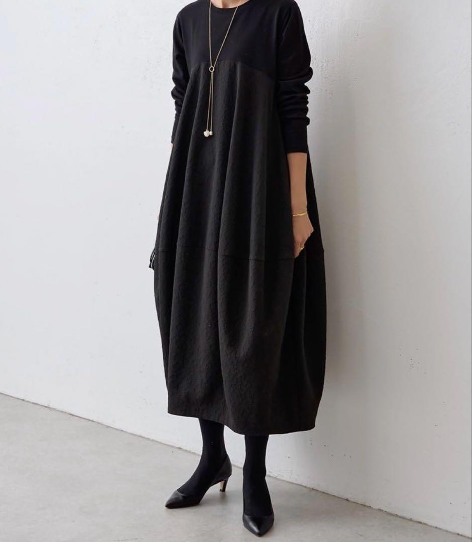 未使用級✨BEARDSLEY 人気　ジャガード マルワンピ バルーン ロング 黒