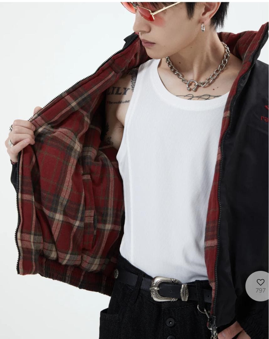 L2142　リバーシブルチェックアウター　L（black）　地底人ONLINE