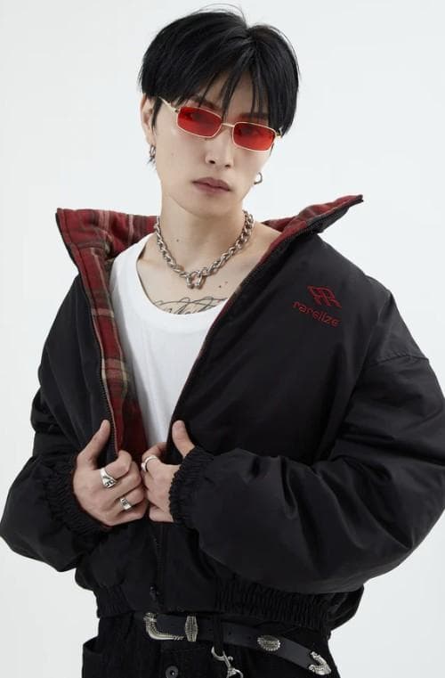 L2142　リバーシブルチェックアウター　L（black）　地底人ONLINE