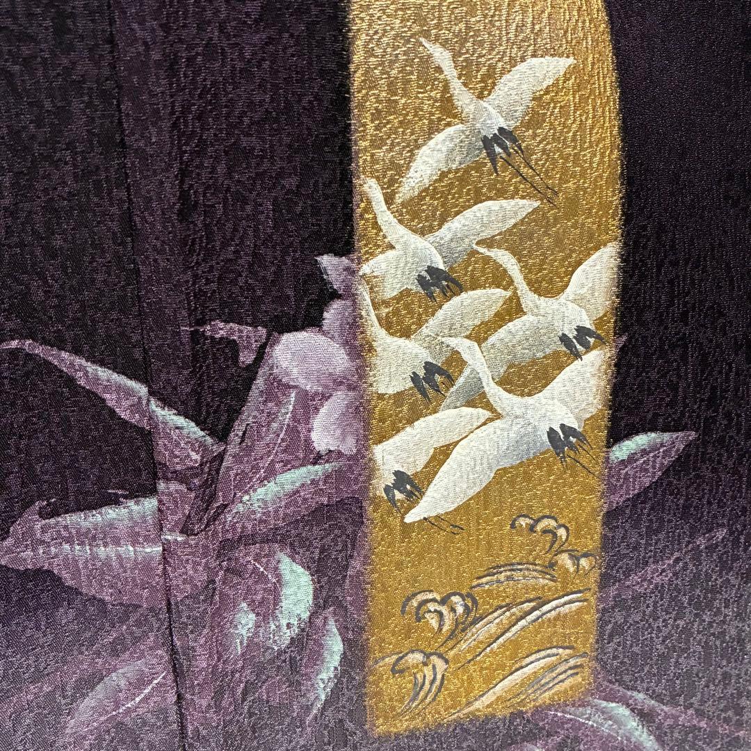 D22 訪問着 金彩 花模様 鶴 濃紫 正絹 着物 袷 極美品