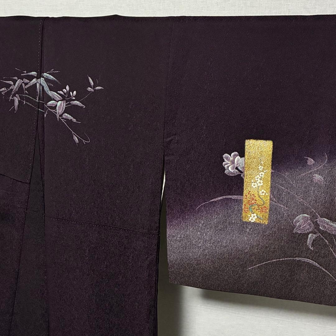 D22 訪問着 金彩 花模様 鶴 濃紫 正絹 着物 袷 極美品