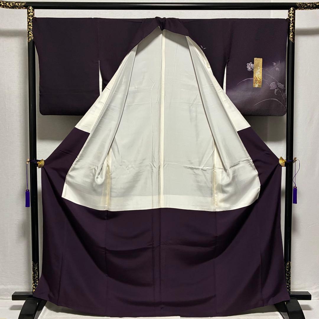 D22 訪問着 金彩 花模様 鶴 濃紫 正絹 着物 袷 極美品