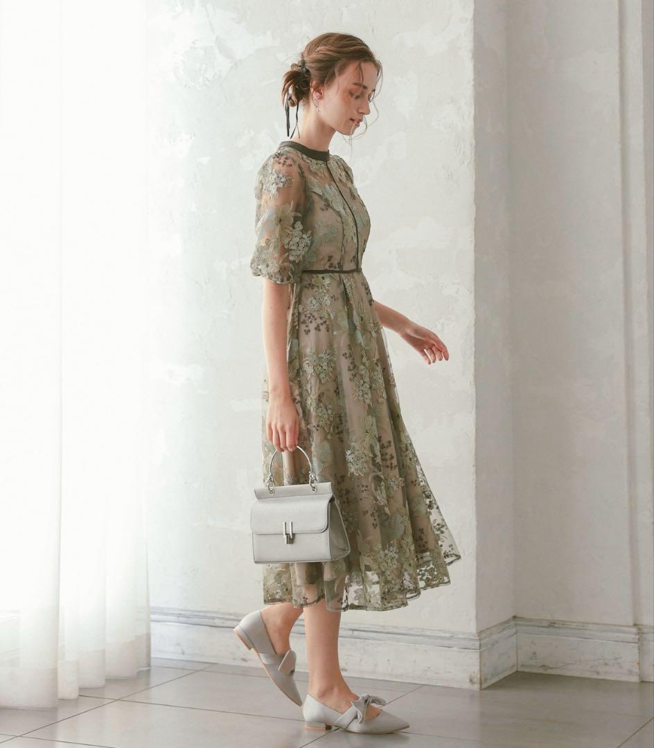 フラワーエンブロイダリードレス　花柄刺繍パーティードレス Mサイズ グリーン